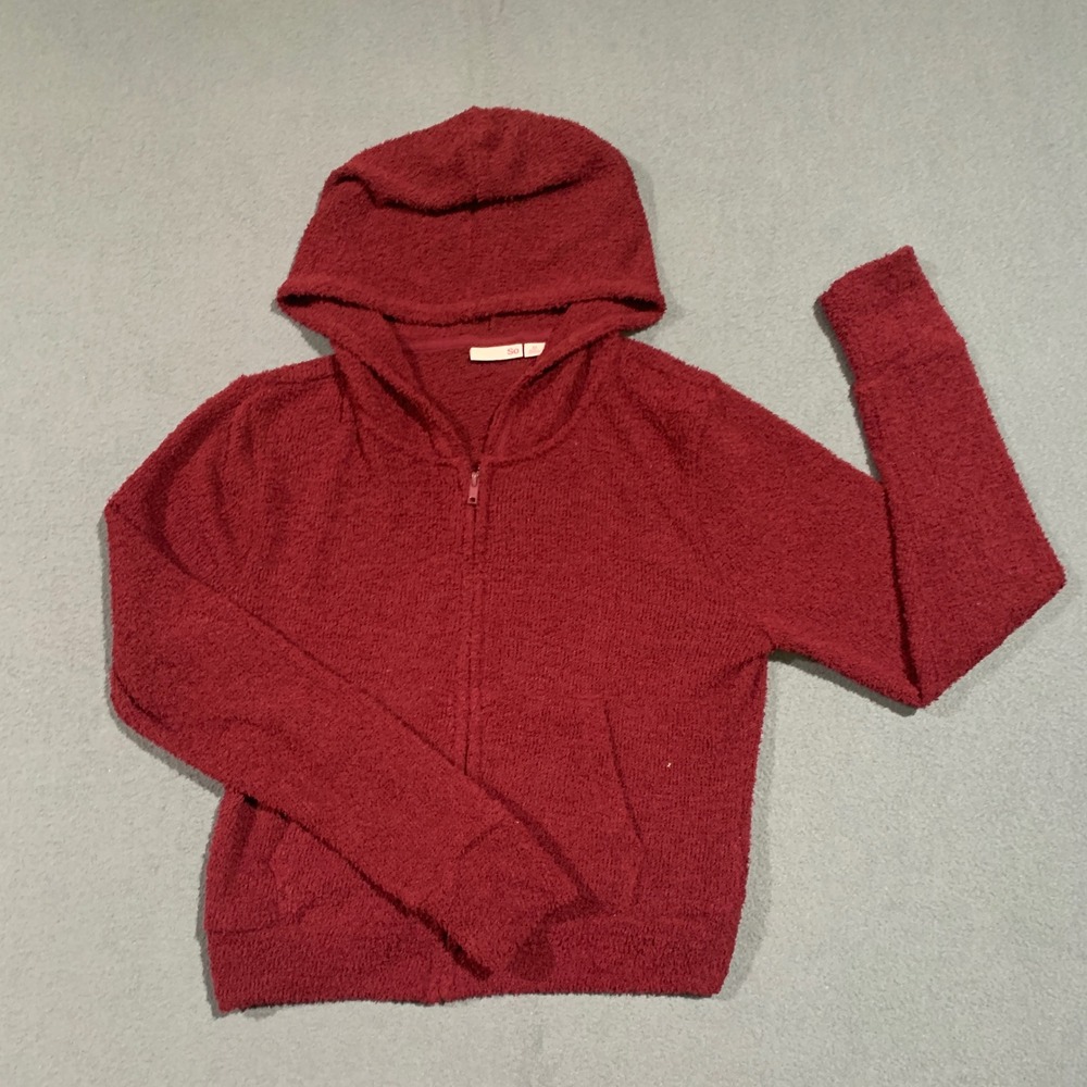 Y2K Red Full Zip Up Hoodie Jacket Womens Medium Fuzzy Cozy Soft Pullover‎